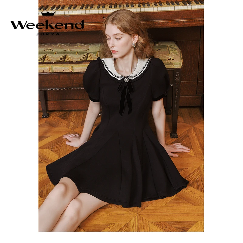 卓雅周末优雅针织海军领蝴蝶收腰连衣裙EJWDCR33