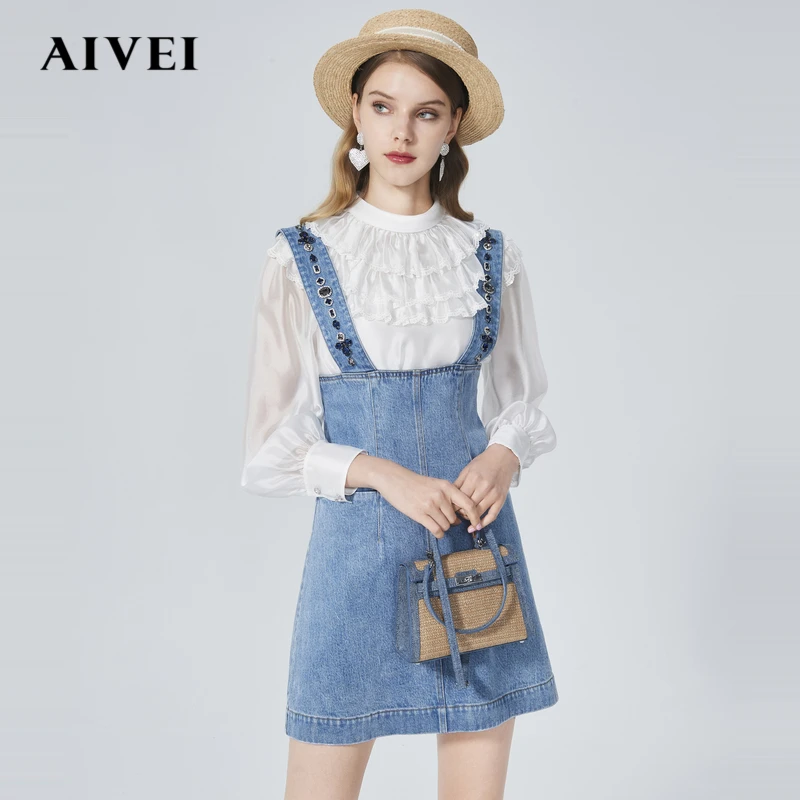 AIVEI春少女感超高腰缝钻吊带牛仔短裙P0160087