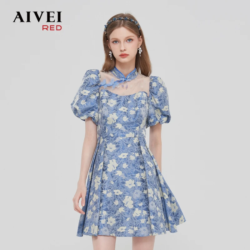 AIVEI春新中式改良旗袍高腰印花连衣裙Q016S086