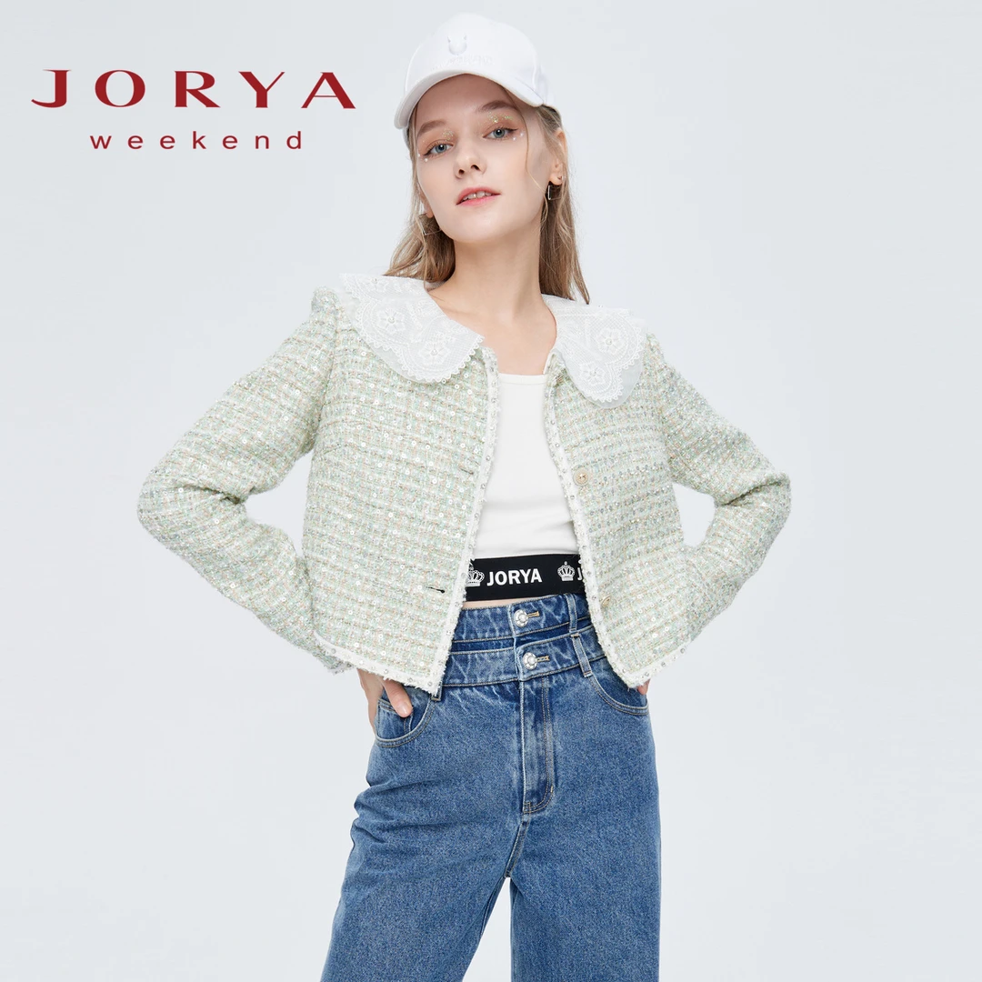 卓雅周末小香风娃娃领撞色花纱千金短外套EJWCCM36