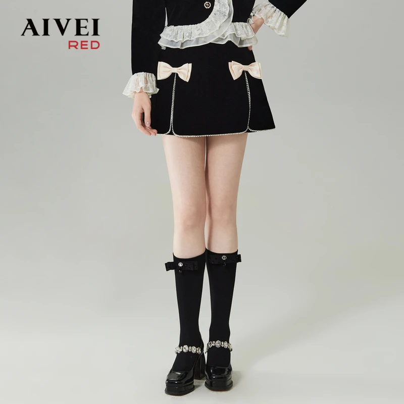 【陈大可专属】AIVEI秋甜美时尚小香A字蝴蝶结丝绒短裙Q0560270