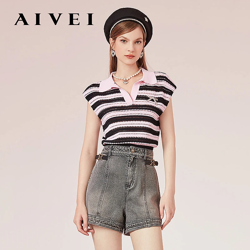 AIVEI24夏小个子少女风垫肩无袖条纹针织衫R036S014