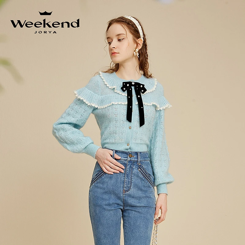 卓雅周末新钻饰蝴蝶结单排扣镂空荷叶边针织衫EJWCCQ36