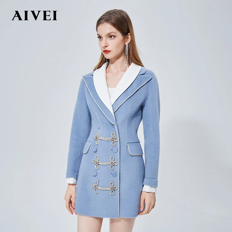 【高高甄选】AIVEI法式名媛青果领水钻盘扣毛呢大衣N0660087