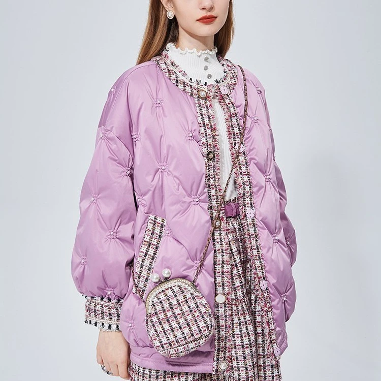 AIVEI小香粗花呢拼接中长款面包服羽绒服N0660054