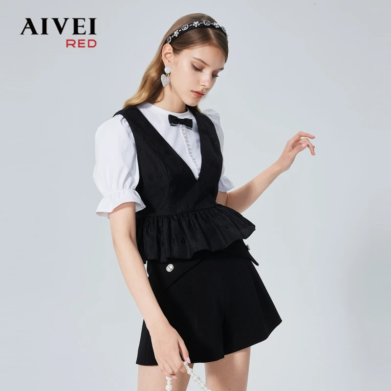 【赵老板专属】AIVEI法式小众深V荷叶边马甲T恤两件套P016S081