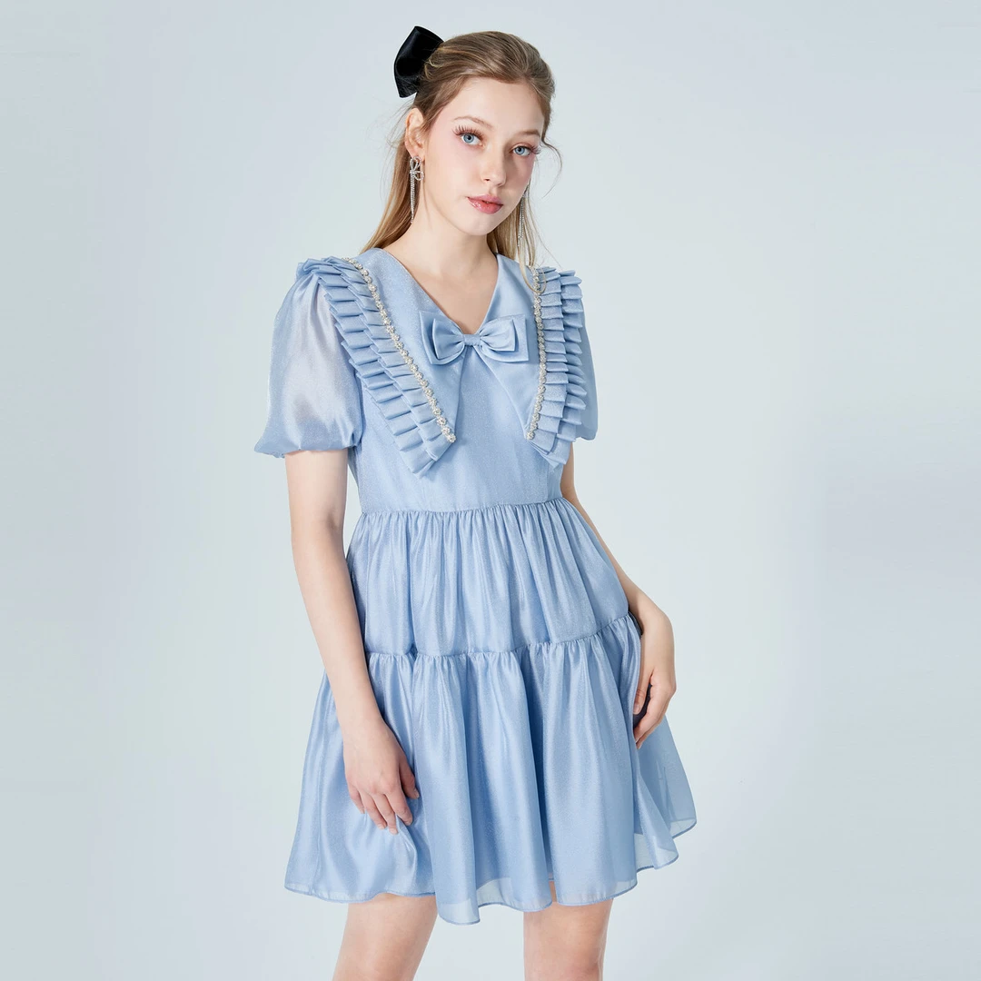 AIVEI夏镶钻压褶翻v领文艺风连衣裙P03W0021