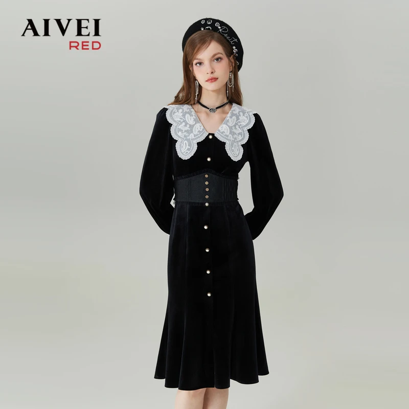 AIVEI女神轻熟名媛绣花收腰丝绒连衣裙Q0560128