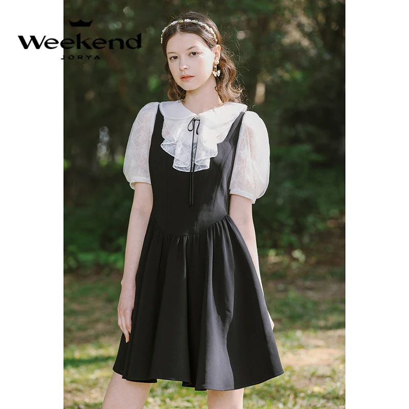 卓雅周末娃娃领蕾丝荷叶拼接收腰短袖连衣裙EJWDBQ71