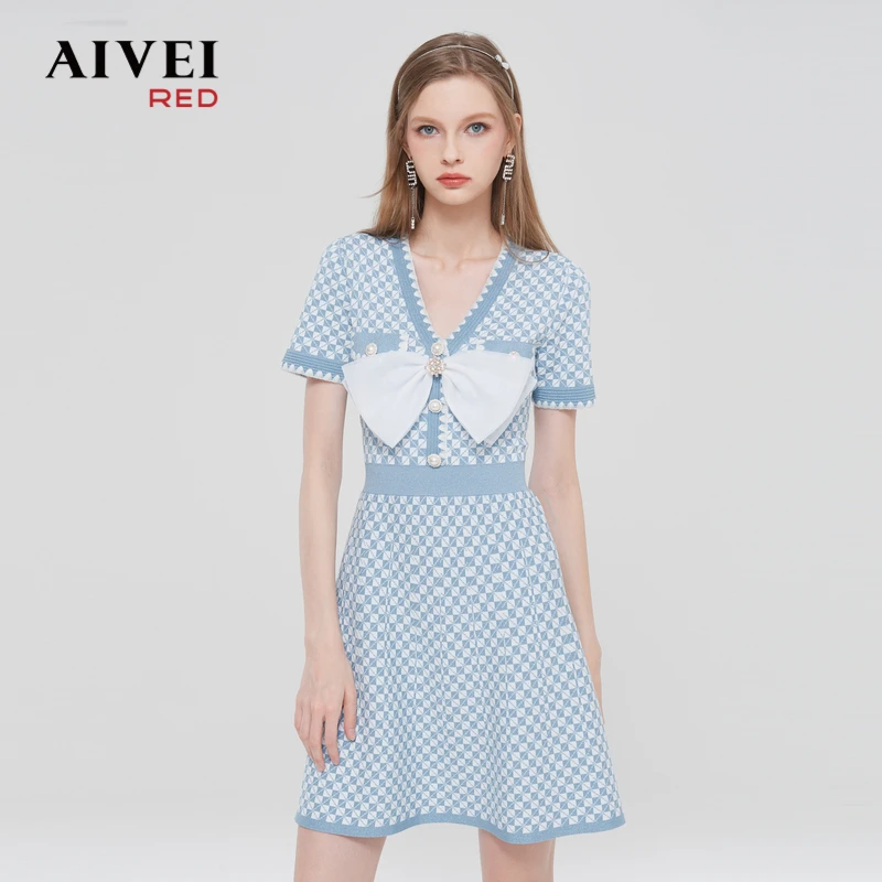 AIVEI春季淑女小香风棋盘格针织连衣裙Q0160046
