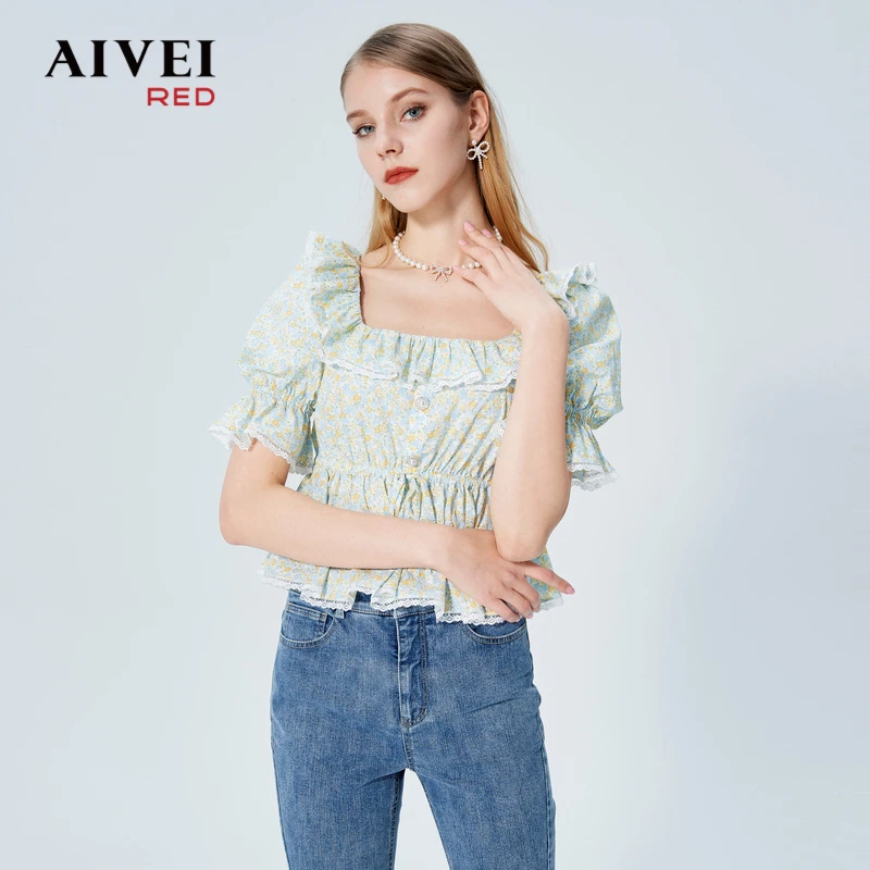 AIVEI新方领小清新泡泡袖收腰短碎花衬衫P01W0030