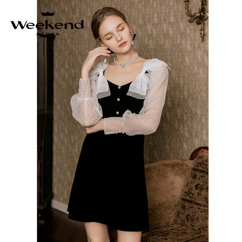 卓雅周末钻饰单排扣拼接针织气质连衣裙EJWCCC17