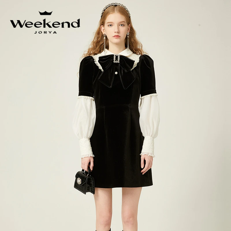 卓雅周末法式气质蝴蝶结蕾丝丝绒连衣裙EJWDDC44