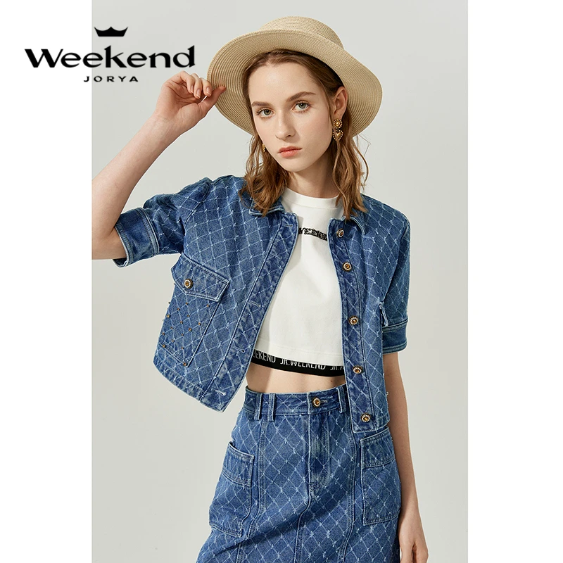 【金拐子专属】卓雅周末新翻领钉珠五分袖水牛仔短外套EJWCAQ64