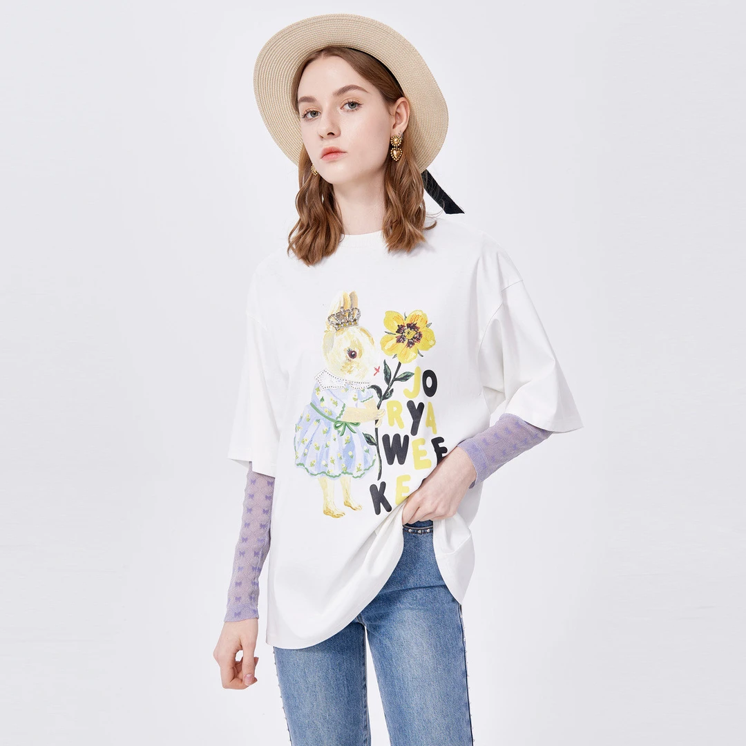 卓雅周末宽松圆领皇冠兔子印花休闲短袖EJWCBQ28