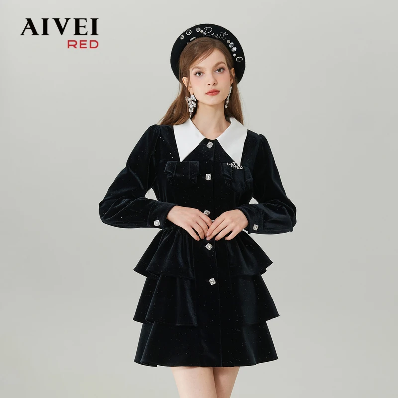 【陈大可专属】AIVEI新减龄千金淑女烫钻丝绒连衣裙Q0560019
