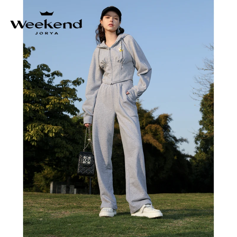 卓雅周末宽松直筒罗纹松紧腰斜插裤袋休闲卫裤EJWDAF33