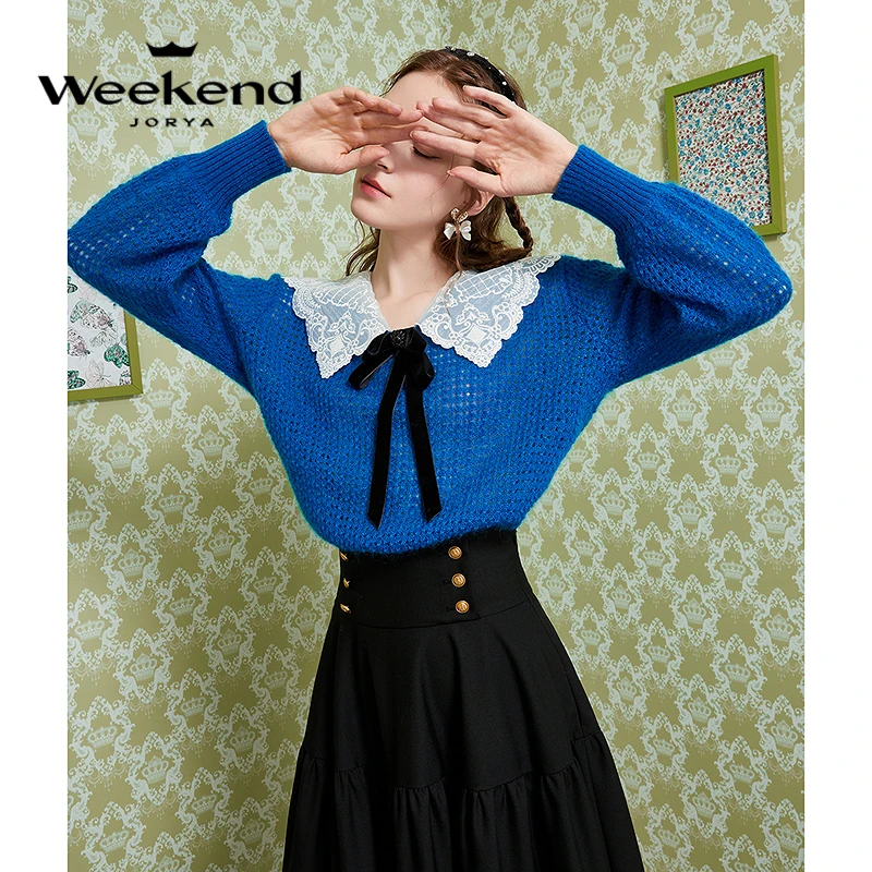 卓雅周末蕾丝娃娃领钻饰蝴蝶结针织衫WJWCCA40