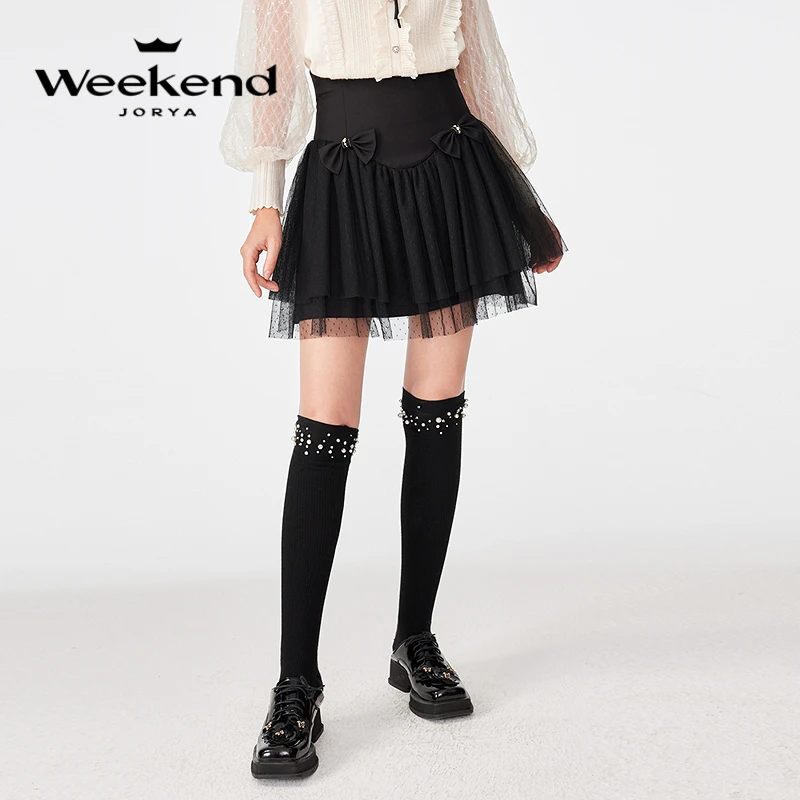 【诗语专属】卓雅周末蝴蝶结拼接蕾丝高腰半身裙EJWCDC55