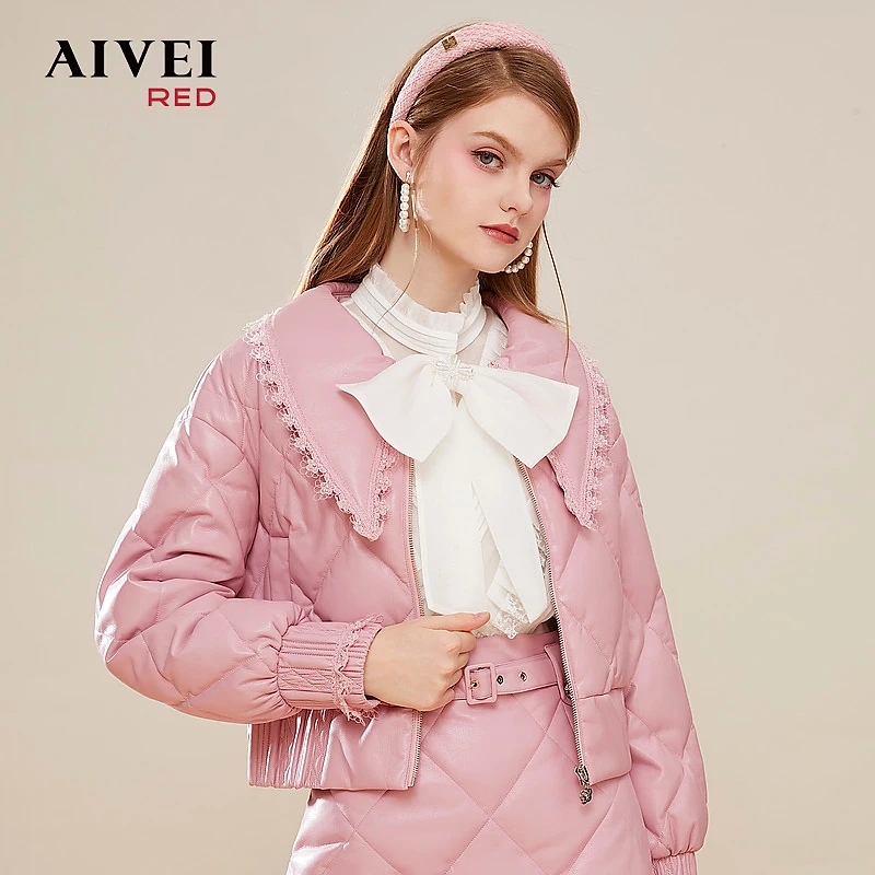 【蜜思仝】AIVEI奶萌蛋白皮粉色绗缝时尚短羽绒外套Q0660184