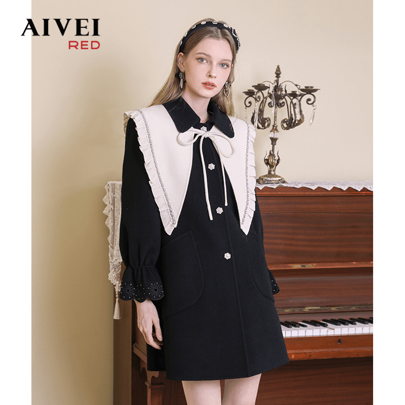 AIVEI千金风钉珠披肩方领中长款毛呢外套P0660139