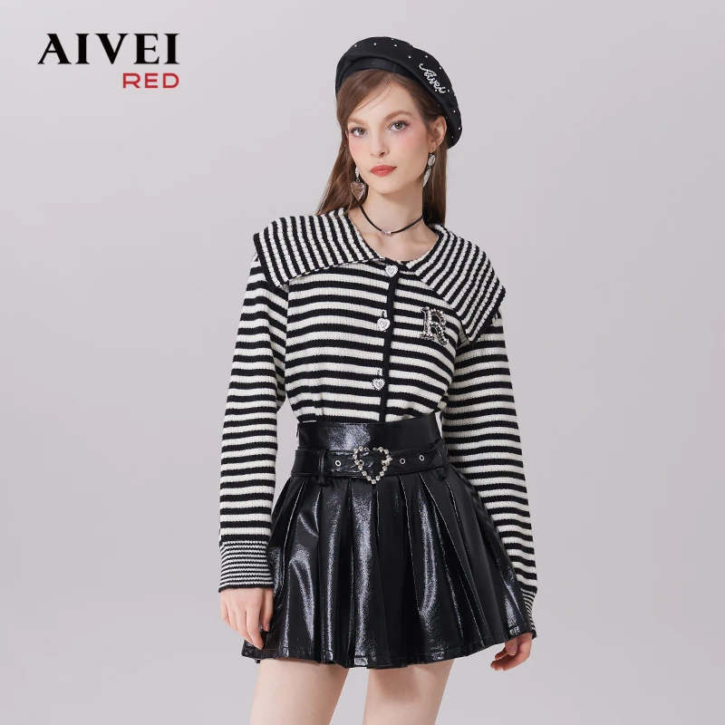【陈大可专属】AIVEI秋新减龄学院海军领条纹针织开衫Q0560080