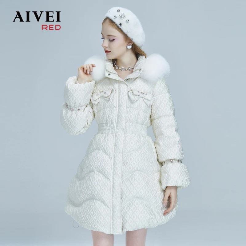 【赵老板专属】AIVEI淑女风小香菱格收腰时尚毛领羽绒服P0660136