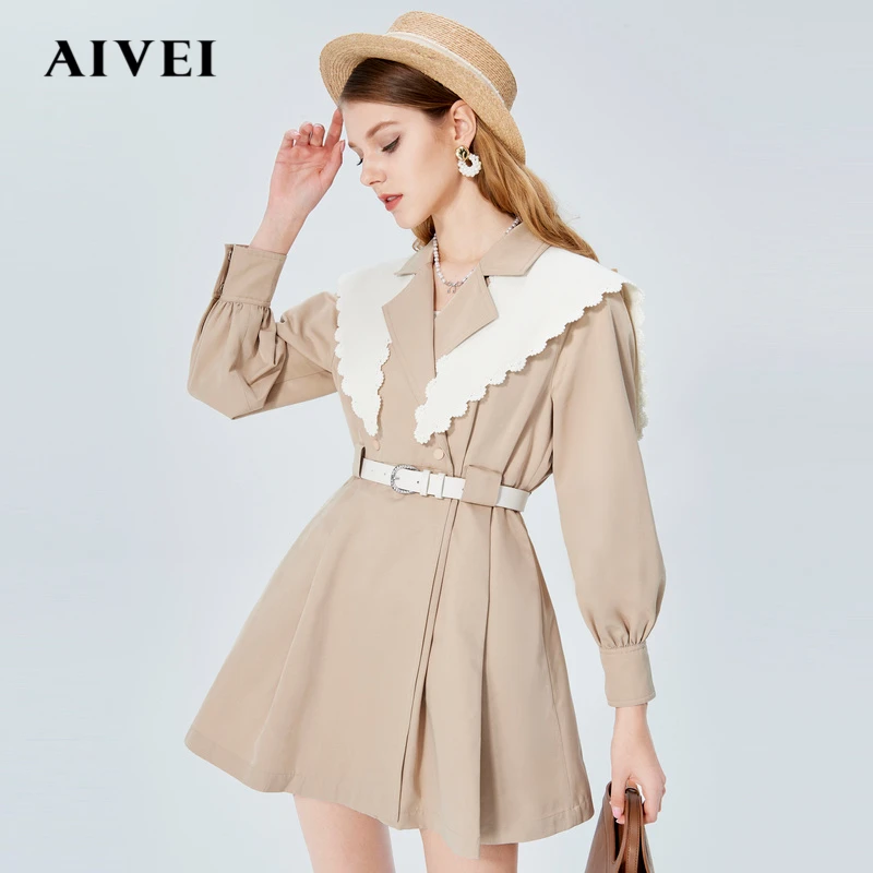 AIVEI春新少女感花边披肩灯笼袖风衣外套P0160121