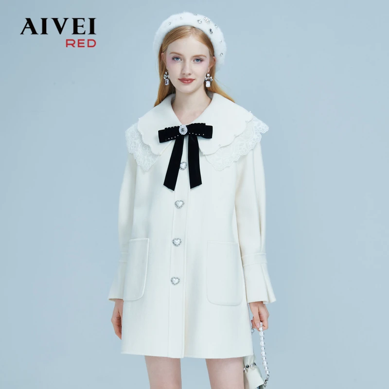 AIVEI冬新温柔风钉珠双层领中长毛呢外套P066S085