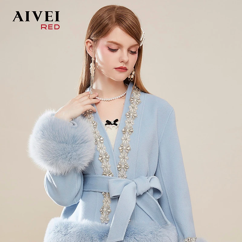 AIVEI冬名媛贵妇气质收腰毛双面呢大衣Q0660236