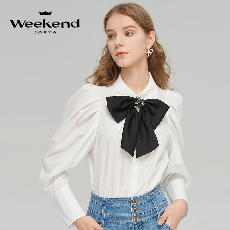 【媛媛女王专享】卓雅周末通勤翻领蝴蝶结羊腿袖长袖衬衫WJWDAA31
