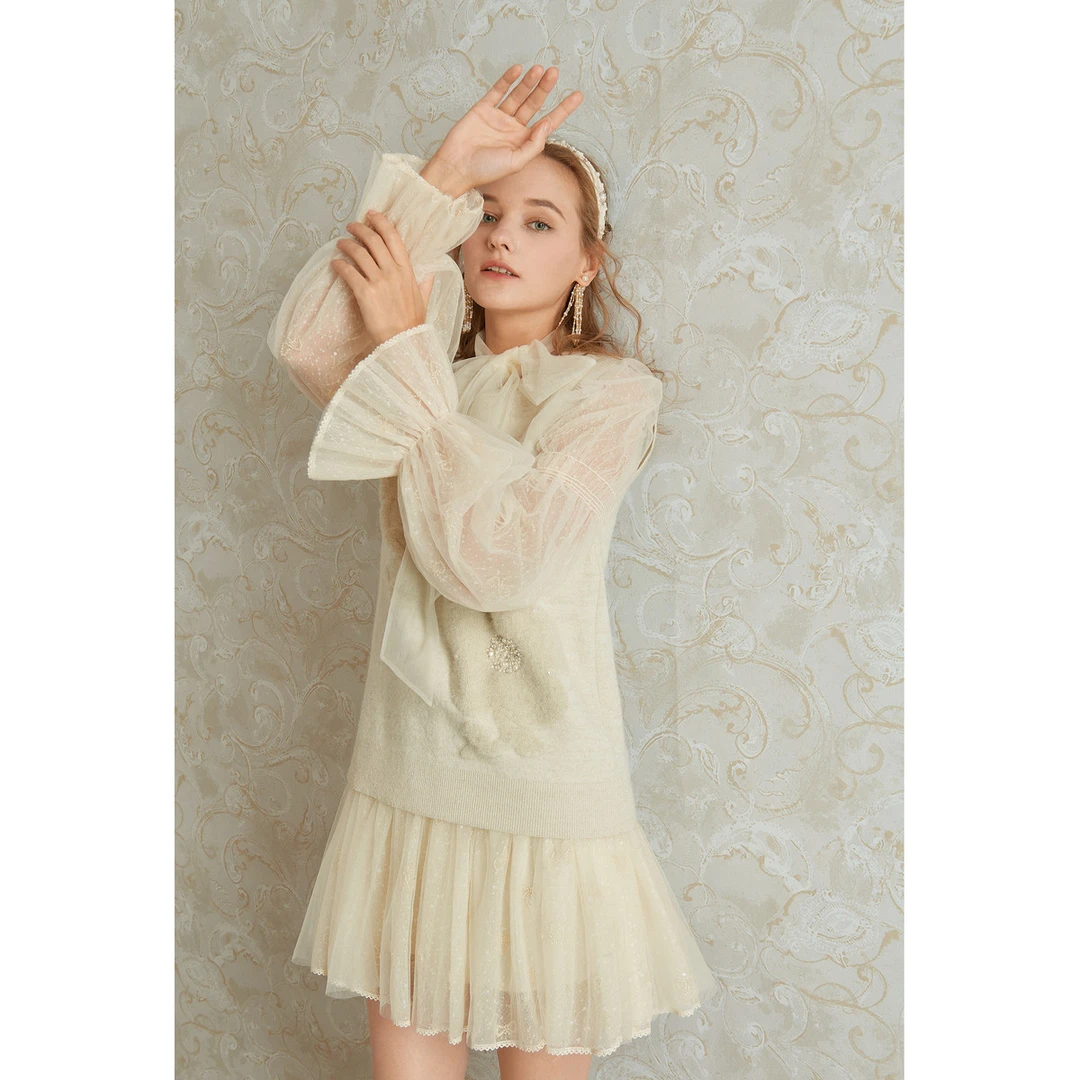 卓雅周末针织网纱蝴蝶结喇叭袖连衣裙EJWCCU93