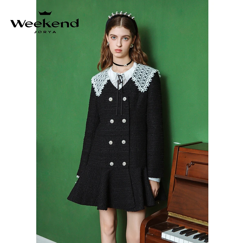 卓雅周末新气质V领双排扣花纱连衣裙EJWDDZ75