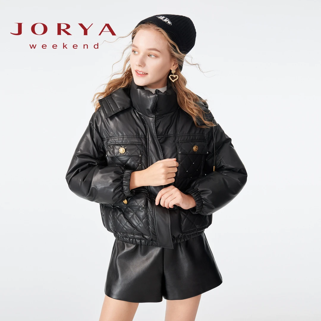 【蜜思仝】卓雅周末菱格连帽小香羽绒服短款皮外套EJWCDQ36