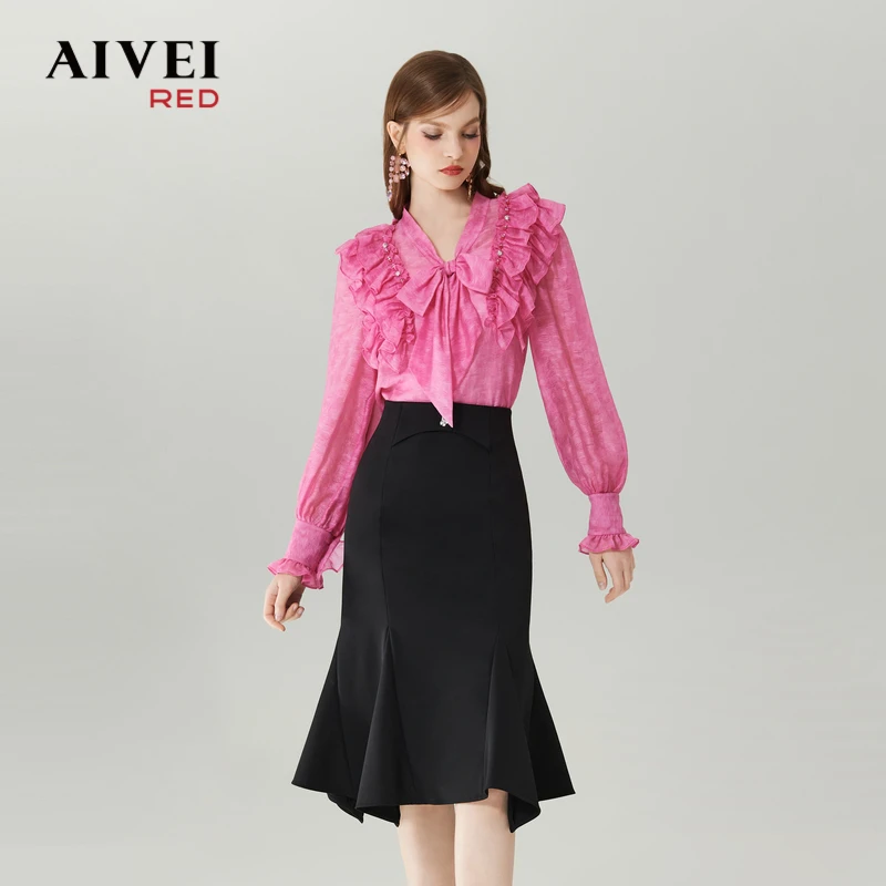 【媛媛女王专享】AIVEI法式浪漫荷叶显瘦边粉色雪纺衬衫Q0560028