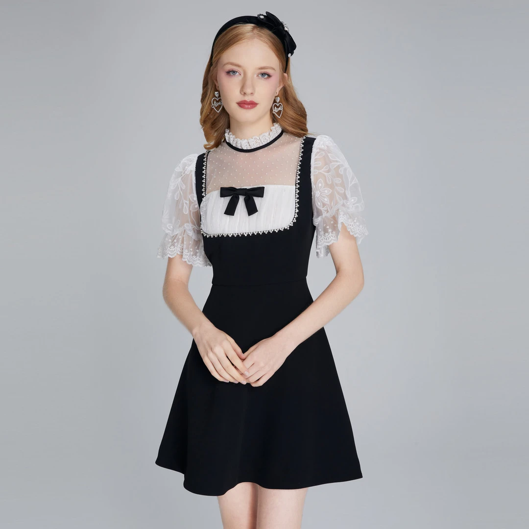 AIVEI波点透视网纱木耳边收亮丝连衣裙P0360055