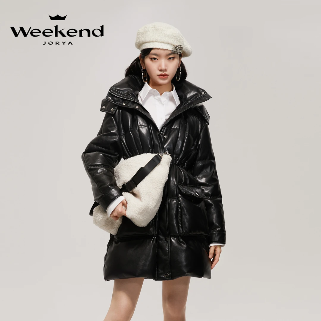 【若谷粉丝专属】卓雅周末冬新款亮面羊毛革连帽绒感羽绒服P264702D