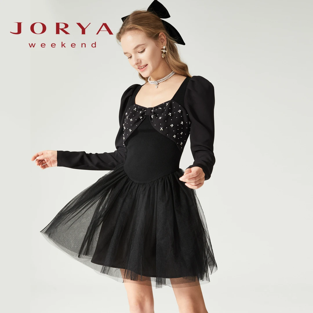 卓雅周末春新泡泡袖蝴蝶结拼接网纱连衣裙EJWCCY13