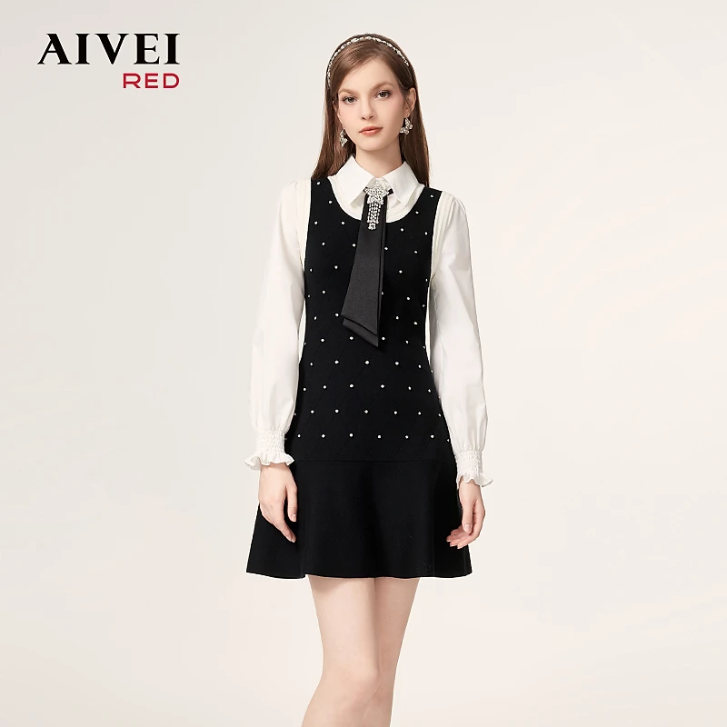 【陈大可专属】AIVEI艾薇冬新水钻气质针织连衣裙Q0660149