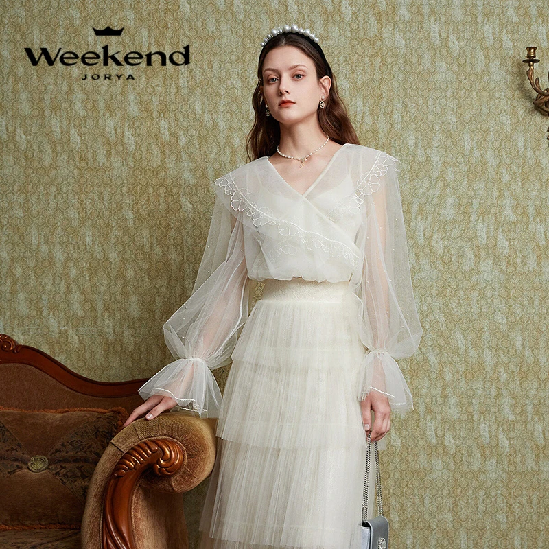 卓雅周末仙女V领蕾丝透视网纱拼接衬衫WJWEAA04