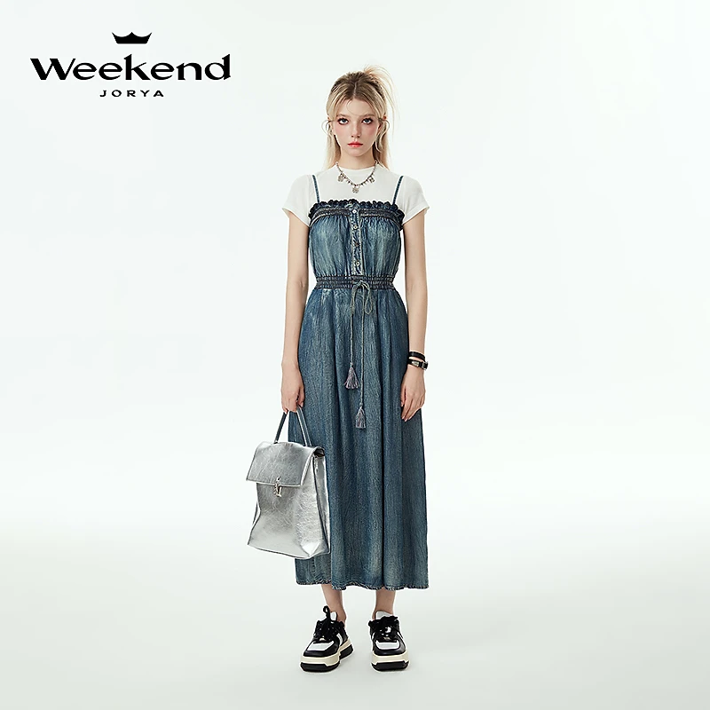 卓雅周末24流苏天丝吊带收腰牛仔连衣裙EJWEBG31