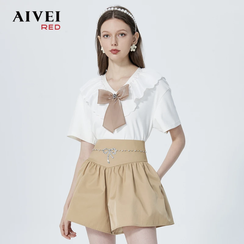 AIVEI钉珠荷叶边拼接蝴蝶结V领T恤上衣P0360024