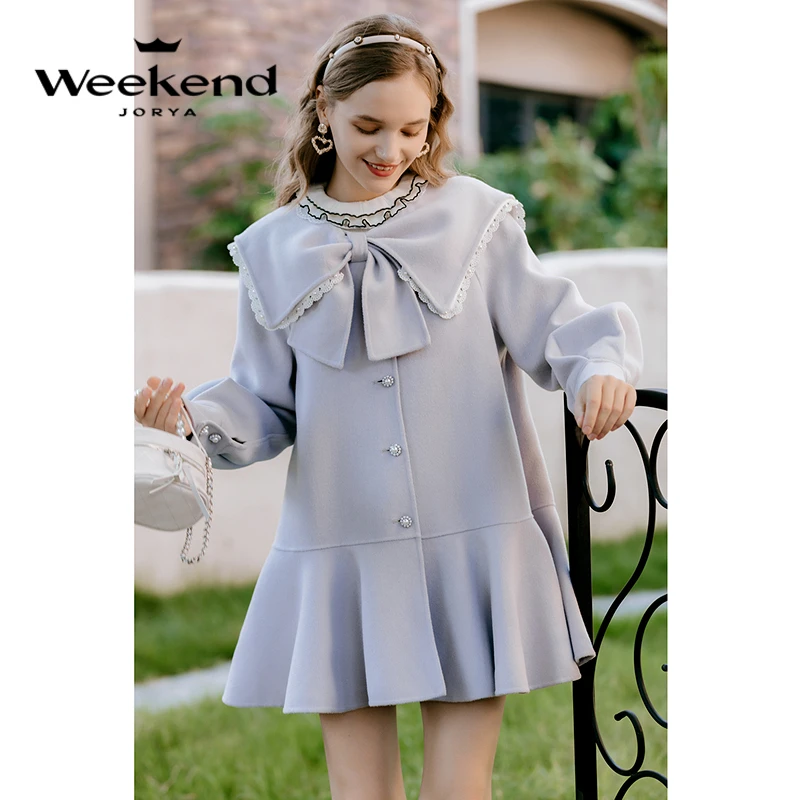 卓雅周末秋蝴蝶结单排扣荷叶边毛呢外套EJWCCQ87