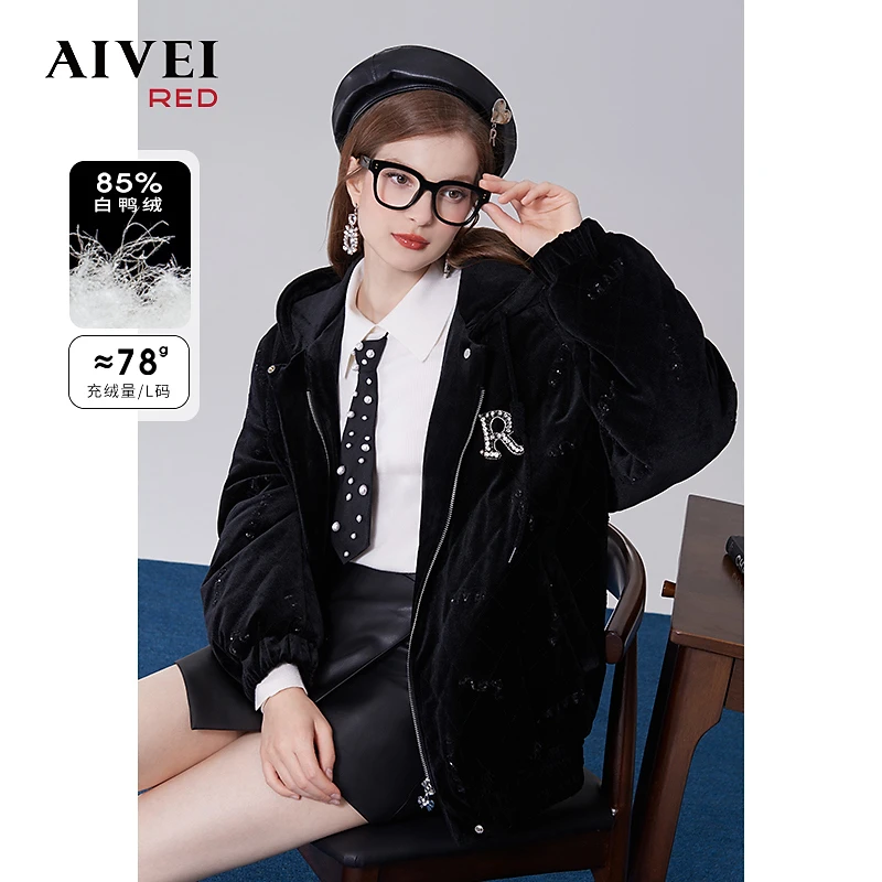 AIVEI防寒美式休闲复古夹克丝绒薄连帽羽绒服Q0660014