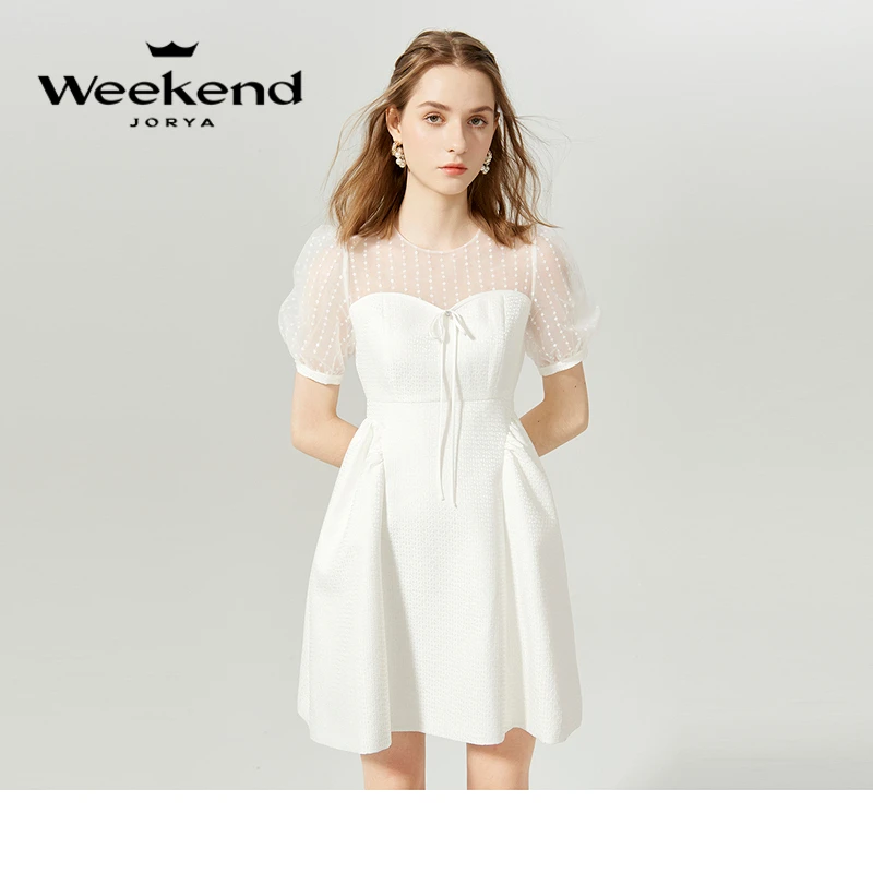 【若谷粉丝专属】卓雅周末甜美泡泡袖网纱拼接印花连衣裙EJWCAQ79