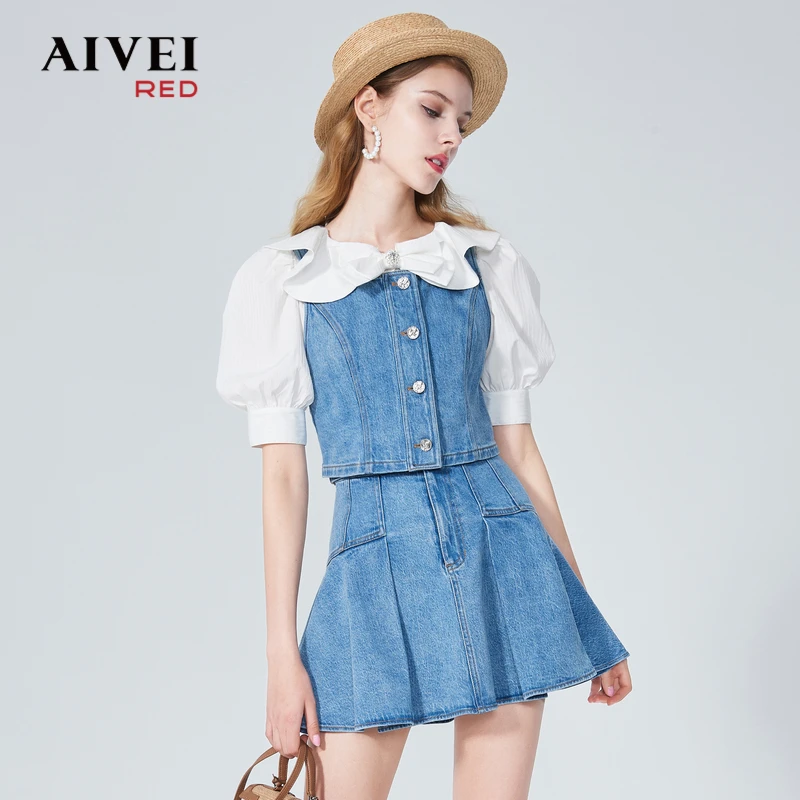 AIVEI牛仔马夹花朵衬衫两件套套装上衣P0160114