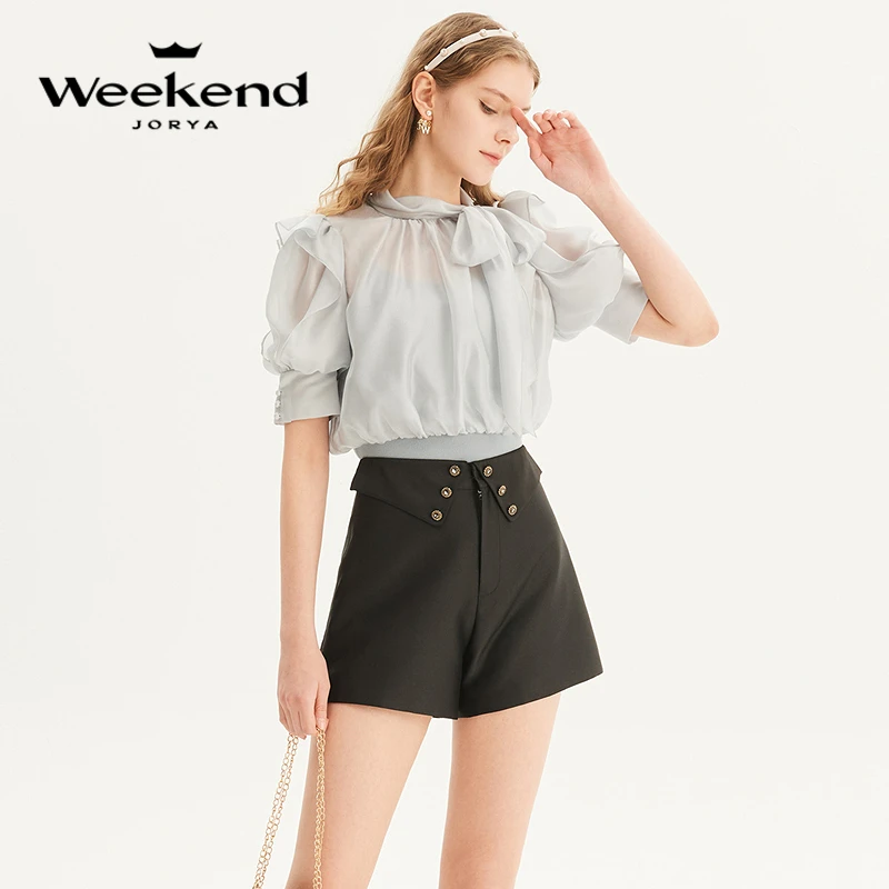 卓雅周末新短袖衬衫女系带领泡泡袖上衣WJWDBA05
