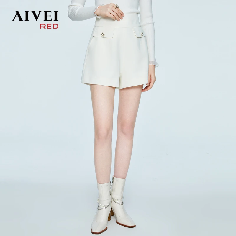 AIVEI春新高腰显瘦简约白色阔腿休闲短裤P056S092