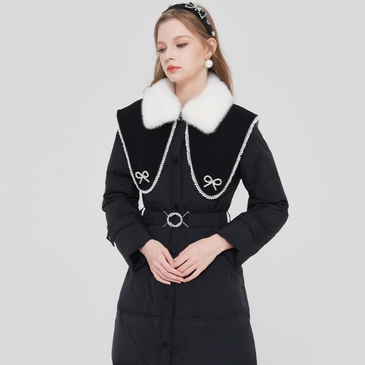 【千颂妮专属】AIVEI冬点钻披肩撞色毛领收腰长版羽绒服P06W0002