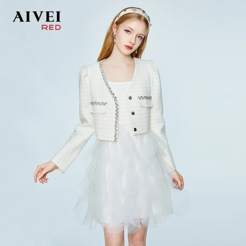 AIVEI小香外套吊带网纱针织连衣裙两件套P056S116